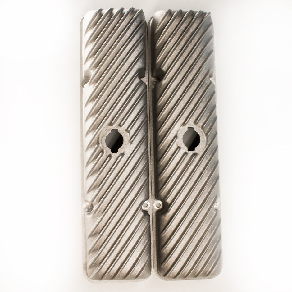 Small Block Chevy angled fin cast aluminum valve covers for 1960–1986 perimeter bolt heads